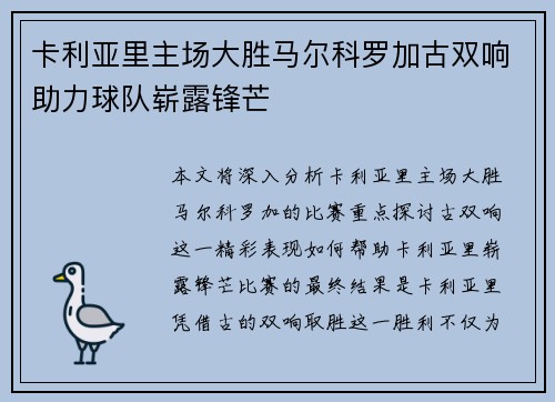 卡利亚里主场大胜马尔科罗加古双响助力球队崭露锋芒
