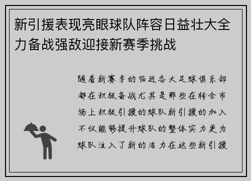 新引援表现亮眼球队阵容日益壮大全力备战强敌迎接新赛季挑战