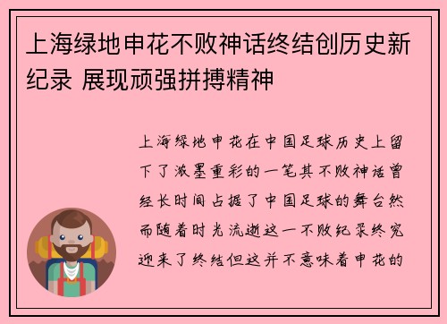 上海绿地申花不败神话终结创历史新纪录 展现顽强拼搏精神