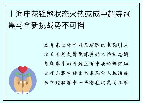 上海申花锋煞状态火热或成中超夺冠黑马全新挑战势不可挡