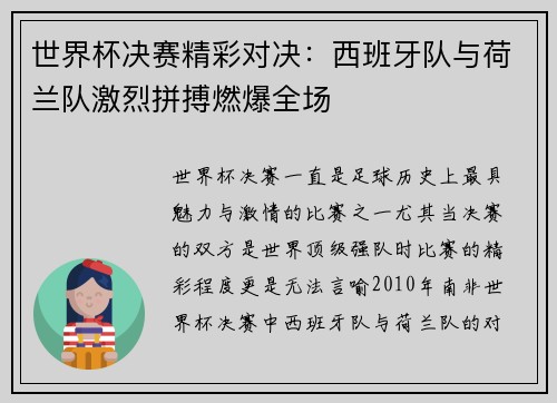世界杯决赛精彩对决：西班牙队与荷兰队激烈拼搏燃爆全场