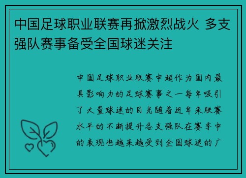 中国足球职业联赛再掀激烈战火 多支强队赛事备受全国球迷关注