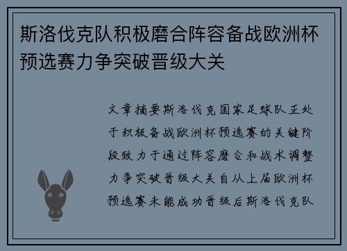 斯洛伐克队积极磨合阵容备战欧洲杯预选赛力争突破晋级大关