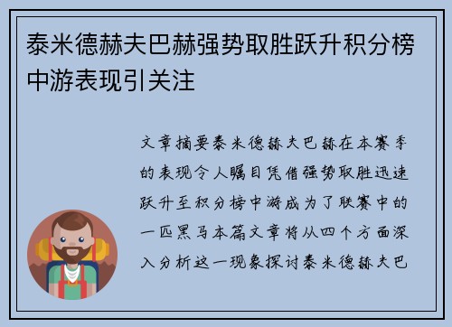 泰米德赫夫巴赫强势取胜跃升积分榜中游表现引关注