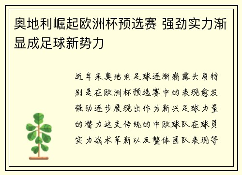 奥地利崛起欧洲杯预选赛 强劲实力渐显成足球新势力